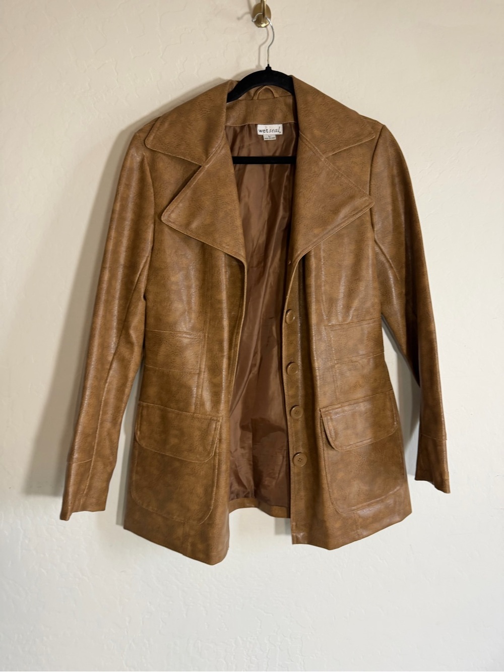 Vintage Y2K Wet Seal Faux Leather Trench Coat Jacket Large | Tan Camel 70s Vibe